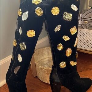 Beverly Feldman SUEDE Black Boots with Gold and Silver Crystal Accents